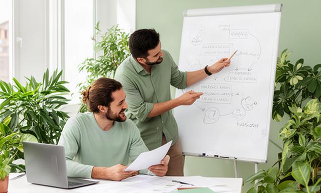 Equipo de dos personas revisando contidos financieros en una oficiña luminosa con plantas y una pizarra con notas sobre ahorro y presupuesto en Buenos Aires, Buenos Aires