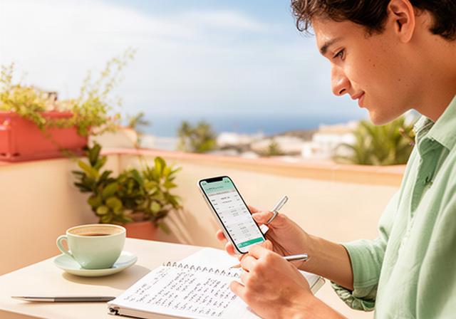 Persona joven consultando su presupuesto mensual en el móvil mientras toma notas en una libreta, en una terraza luminosa de Buenos Aires